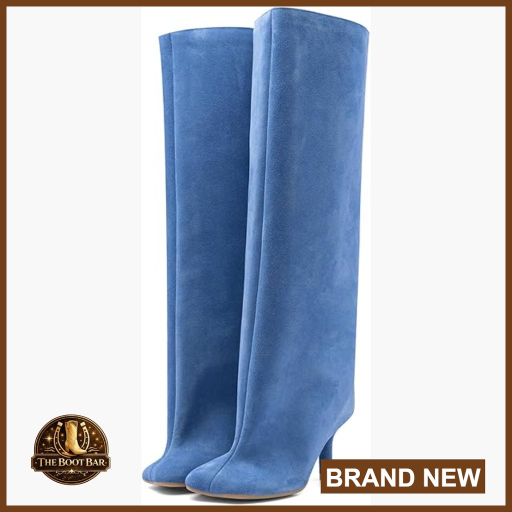 Suede Knee High Boots Wide Calf Stiletto Heel Square Toe Pull On